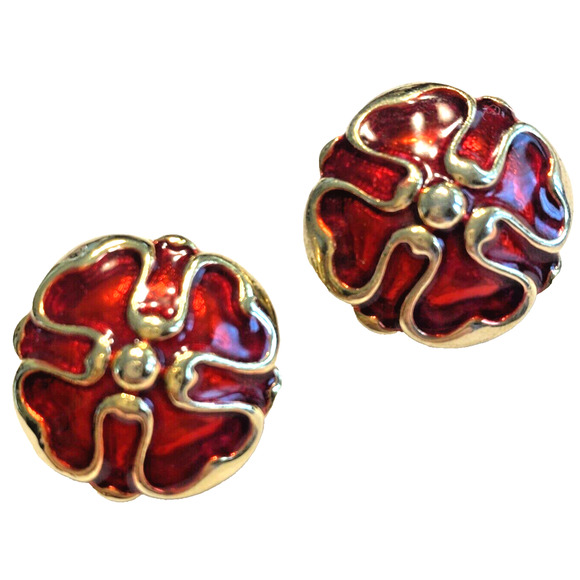 Chunky Pierced Earrings Vintage 1990’s Goldtone & Red Jelly Enamel Domed Rounds - Picture 1 of 6